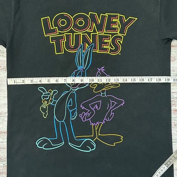 Looney Tunes Bugs Bunny Daffy Duck Neon Print Black Graphic T-Shirt Size M - Picture 8 of 9